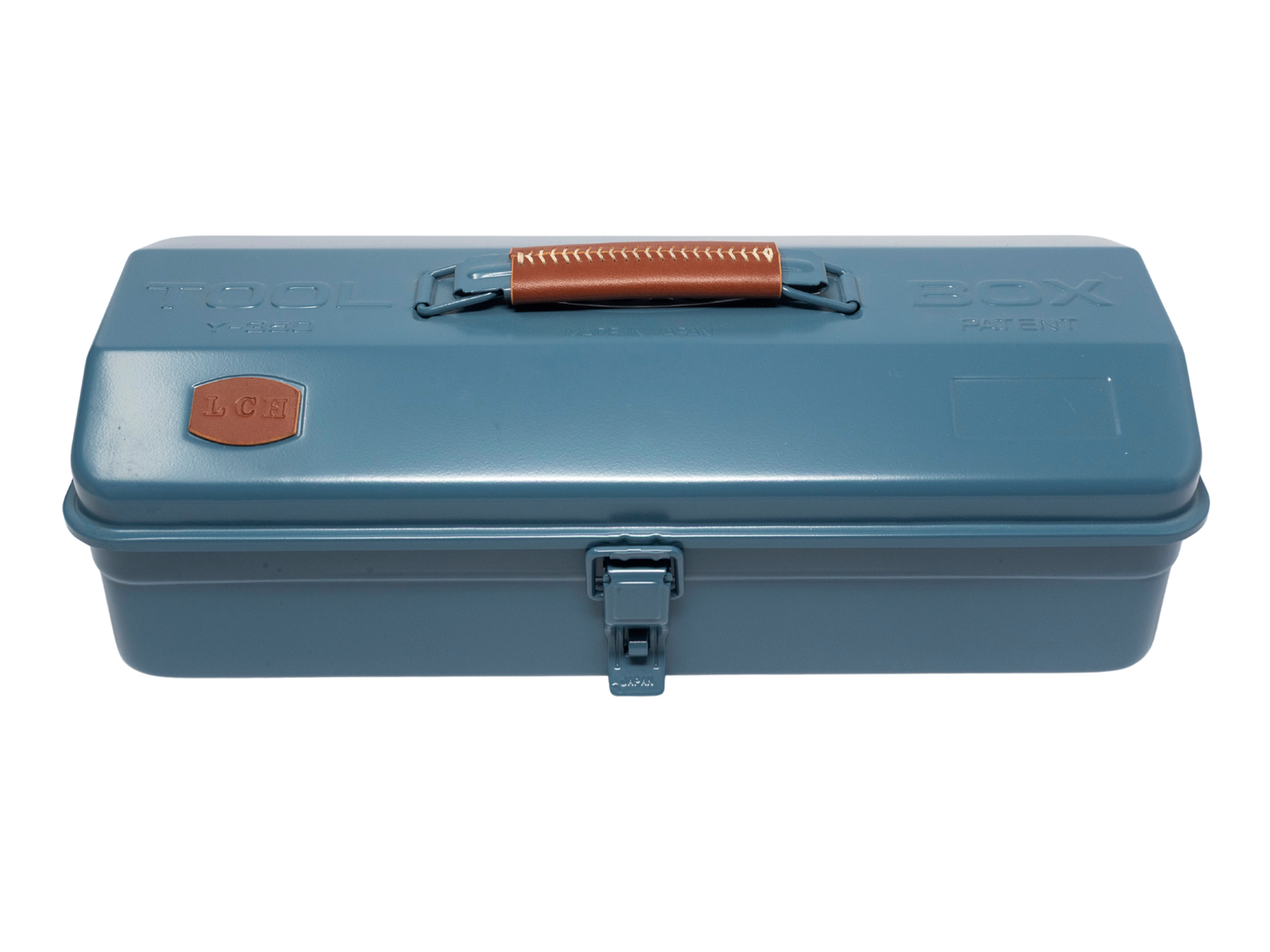 A blue-gray plastic storage box with a top handle, latched closure, and embossed branding on the lid, shown against a plain white background.