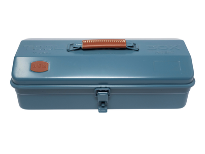 A blue-gray plastic storage box with a top handle, latched closure, and embossed branding on the lid, shown against a plain white background.