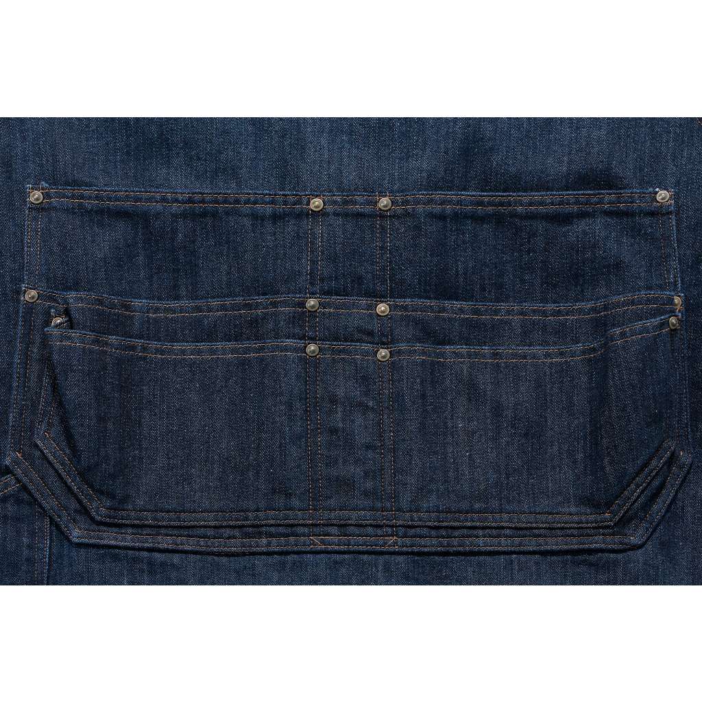 close up of lower pockets on Carhartt denim apron