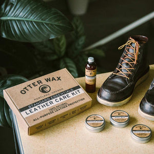 image of leather shoes being cleaned with Otter Wax leather care kit